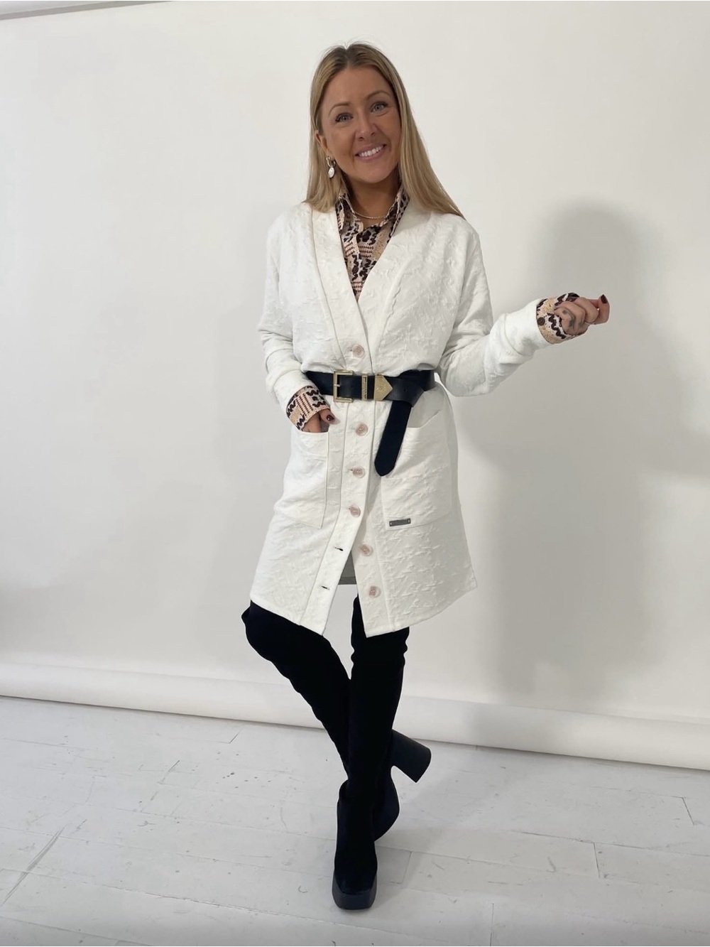 Women's Ivory Button-Front Long Cardigan